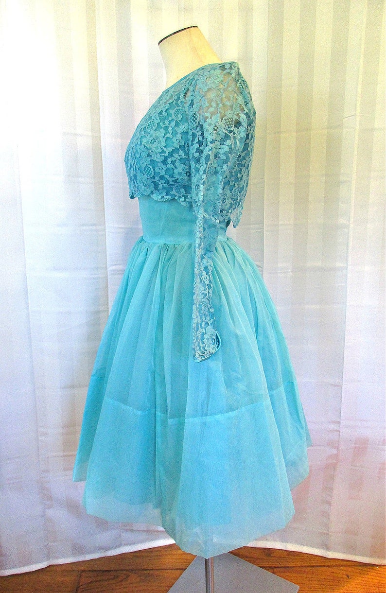 Vintage Party Dress 1950s 1960s Turquoise Blue Floral Lace Top 30 Bust XS Extra Small Short Formal Prom Cocktail Sun Dress image 3