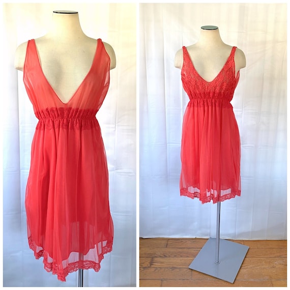 Vintage Coral Red Baby Doll Negligee 1960s 1970s Nigh… Gem