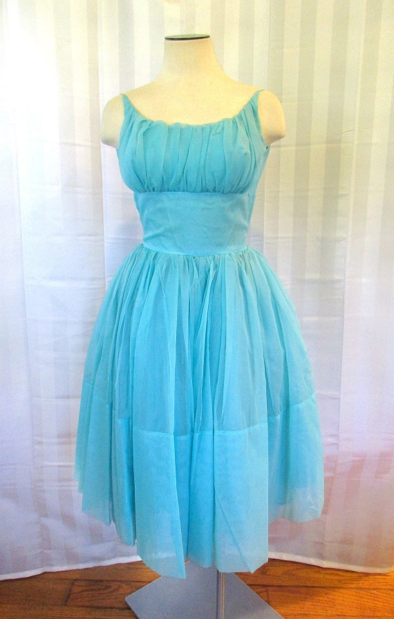 Vintage Party Dress 1950s 1960s Turquoise Blue Fl… - image 4