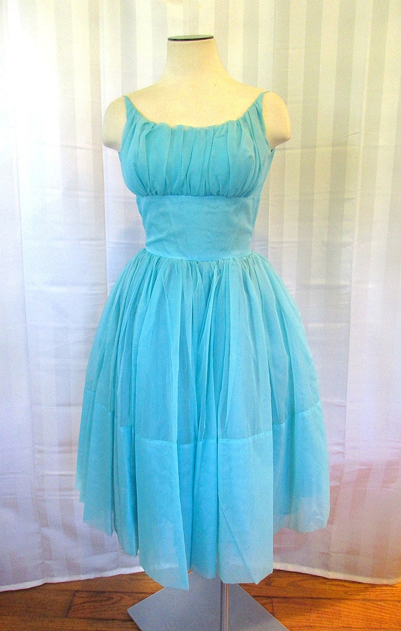 Vintage Party Dress 1950s 1960s Turquoise Blue Floral Lace Top 30 Bust XS Extra Small Short Formal Prom Cocktail Sun Dress image 4