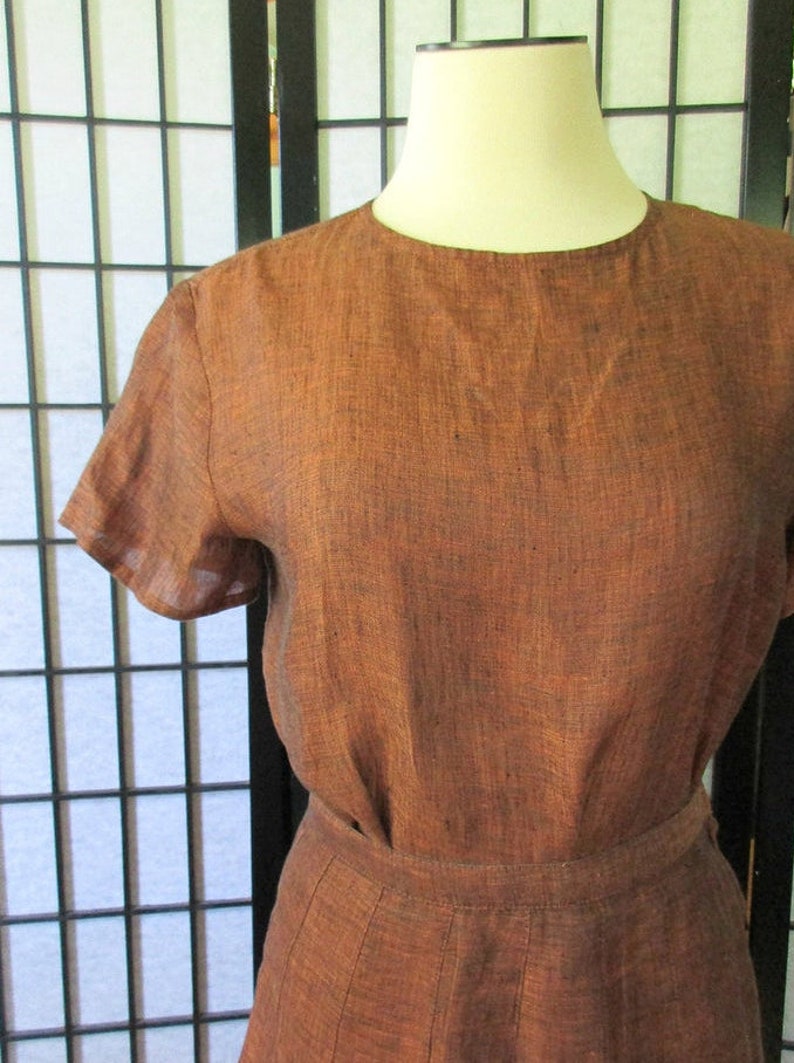 Vintage Calvin Klein 1970s 1980s Blouse Skirt 2 Piece Outfit S M 36 Bust Copper Burnt Sienna and Black Semi Sheer Linen 24 Waist image 4