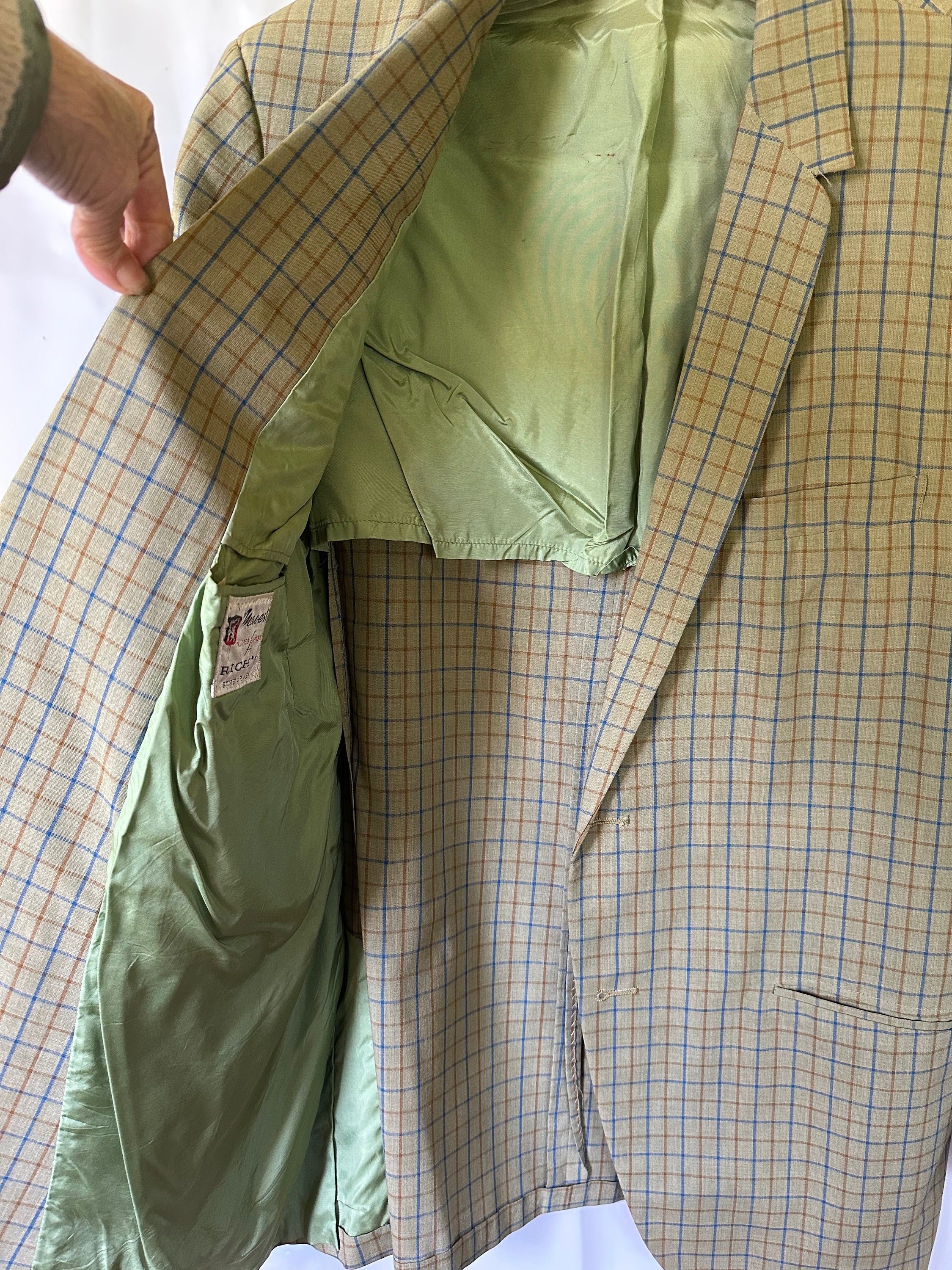 Vintage 1950s 1960s Sport Coat Gun Check Jacket Pale Olive Green 