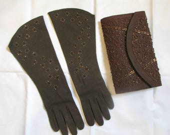 Vintage jaren 1940 handschoenen lange mahonie bruine handschoen koperen pailletten kralen 6-1 / 2 crescendoe 6,5 sprankelende oude Hollywood glamour / clutch