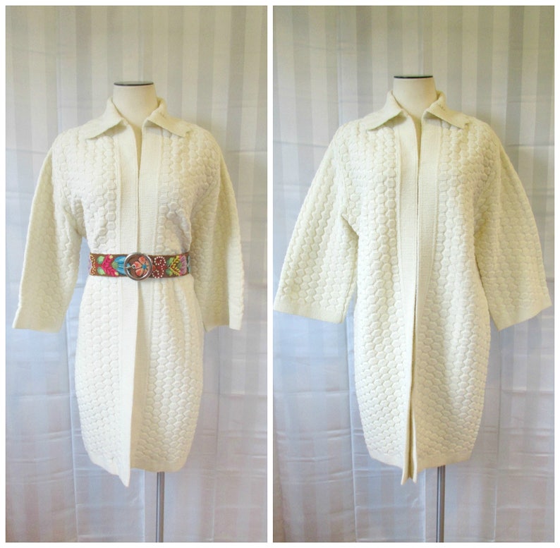 Vintage Sweater Coat By Cuddle Knit 1970s Ivory Cream 44 Large L XL Extra Large Long Knit Midi Knitted Cardigan Jacket Possibly Dead Stock
