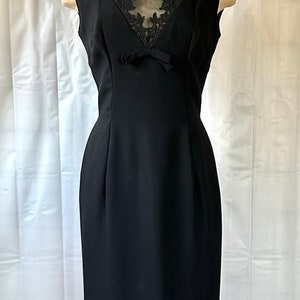 Vintage Party Dress 1950s 1960s Crepe Black Frock 36 Medium Sheer Illusion LBD Little Black Dress image 2