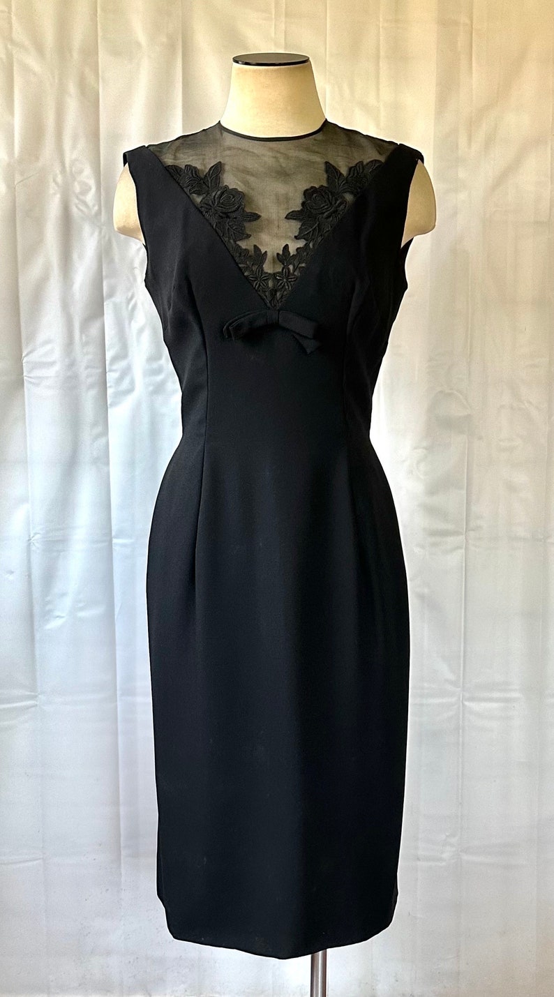 Vintage Party Dress 1950s 1960s Crepe Black Frock 36 Medium Sheer Illusion LBD Little Black Dress image 2