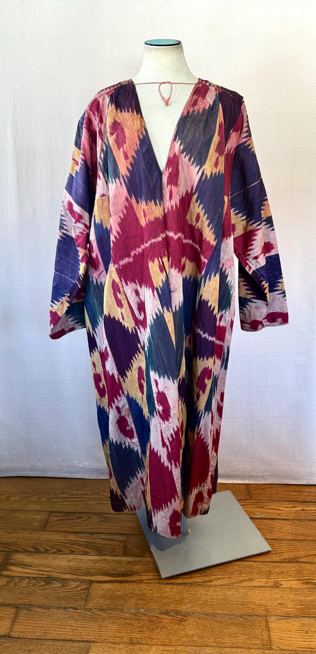 Chapan Robe Antique Ikat Silk Caftan Uzbek Chapan Robe Blue Pink Red Maroon Ochre ...