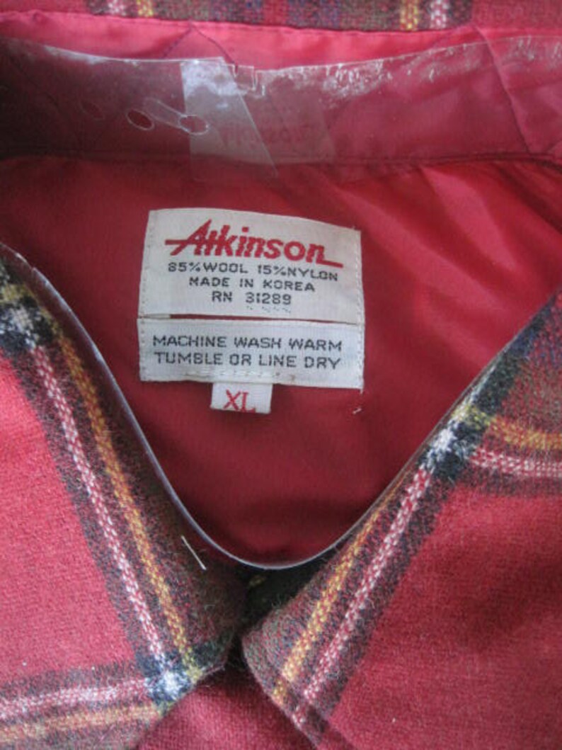 NOS Vintage Plaid Shirt by Atkinson 1960s 1970s Wool Blend 50 Inch Chest L XL Workshirt Shirtjacket Red Green White Black Tartan Dead Stock