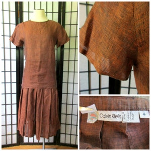 Vintage Calvin Klein 1970s 1980s Blouse Skirt 2 Piece Outfit S M 36 Bust Copper Burnt Sienna and Black Semi Sheer Linen 24 Waist image 5