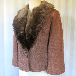 Vintage 1940s Wool Jacket with Beaver Fur Collar by Monarch Cardigan 36 38 Medium Reddish Brown 3/4 Sleeve image 3