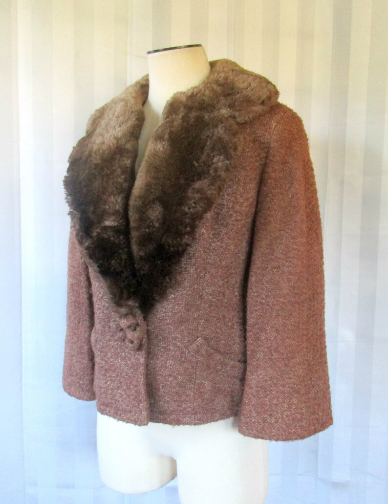 Vintage 1940s Wool Jacket with Beaver Fur Collar by Monarch Cardigan 36 38 Medium Reddish Brown 3/4 Sleeve image 3