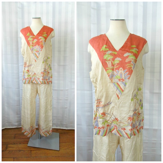 Vintage Pongee Silk Pajamas c. 1920s 1930s Made in