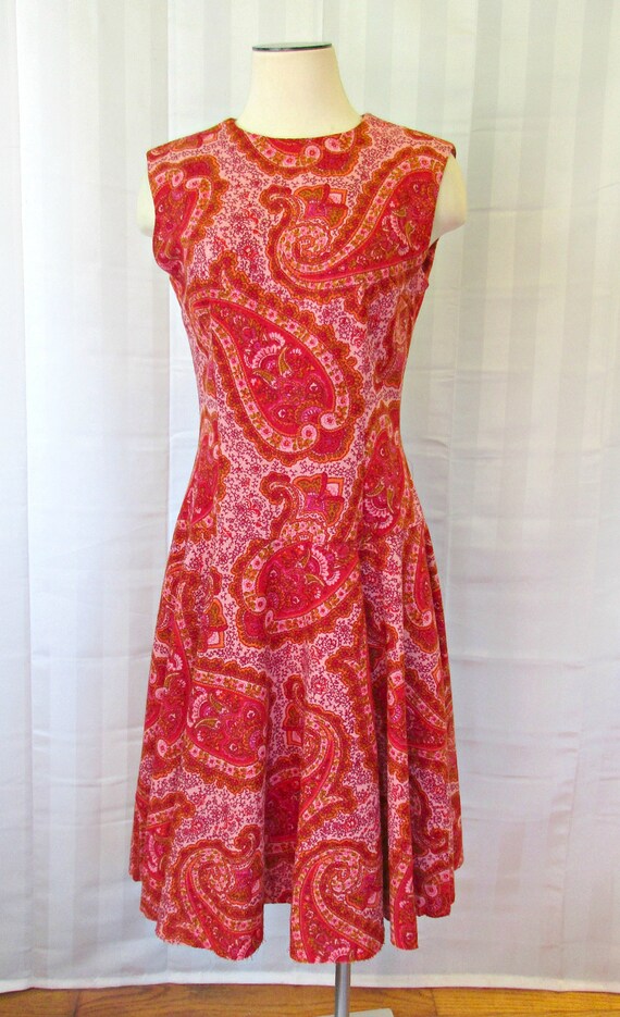 Vintage Paisley Dress 1960s 1970s Red Pink Orange… - image 2