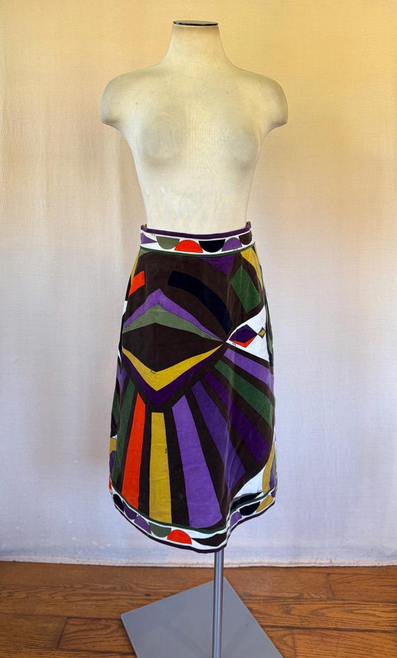 Emilio Pucci, Vintage Emilio Pucci Velvet Skirt 1960s Purple Orange Green White Black Mustard 25 Inch Waist