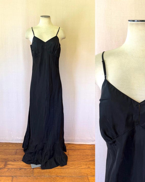 Vintage 1930s 1940s Black Maxi Slip Dress Adjustable Straps 36 Bust Medium