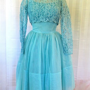 Vintage Party Dress 1950s 1960s Turquoise Blue Floral Lace Top 30 Bust XS Extra Small Short Formal Prom Cocktail Sun Dress image 2