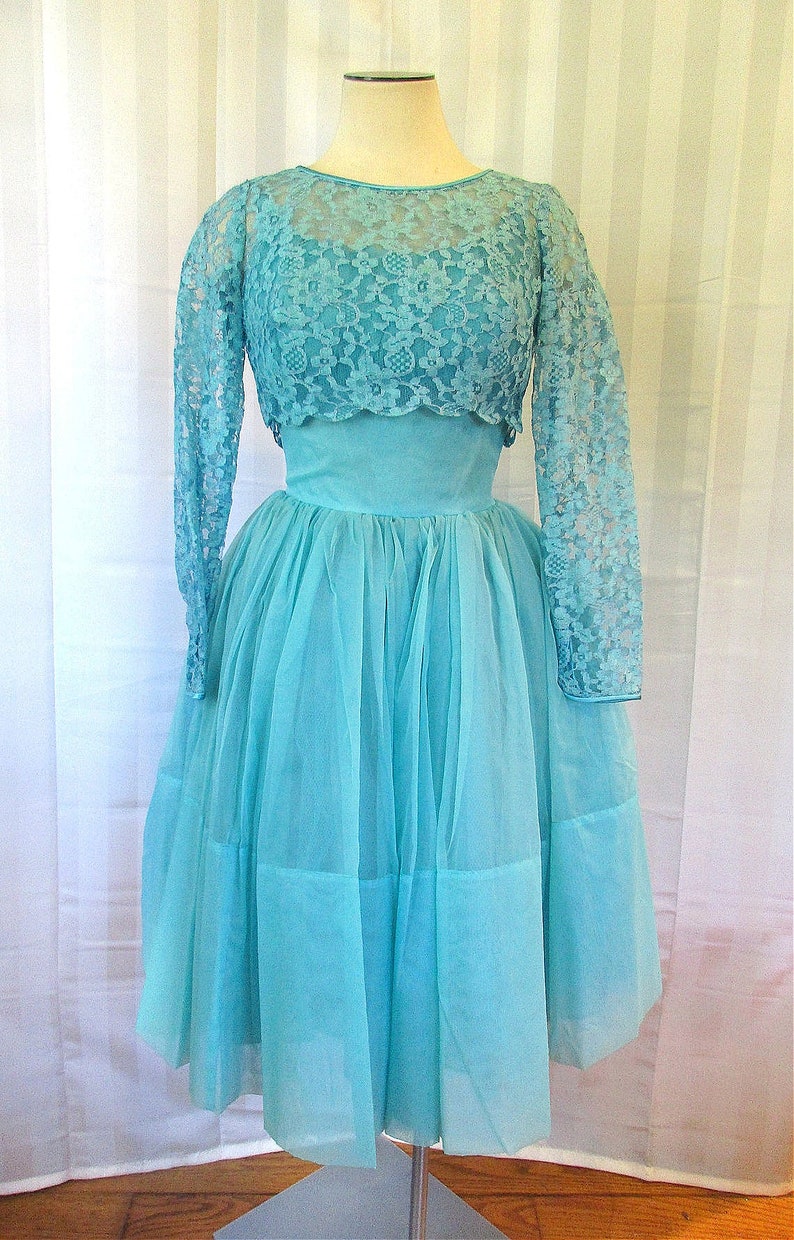 Vintage Party Dress 1950s 1960s Turquoise Blue Floral Lace Top 30 Bust XS Extra Small Short Formal Prom Cocktail Sun Dress image 2