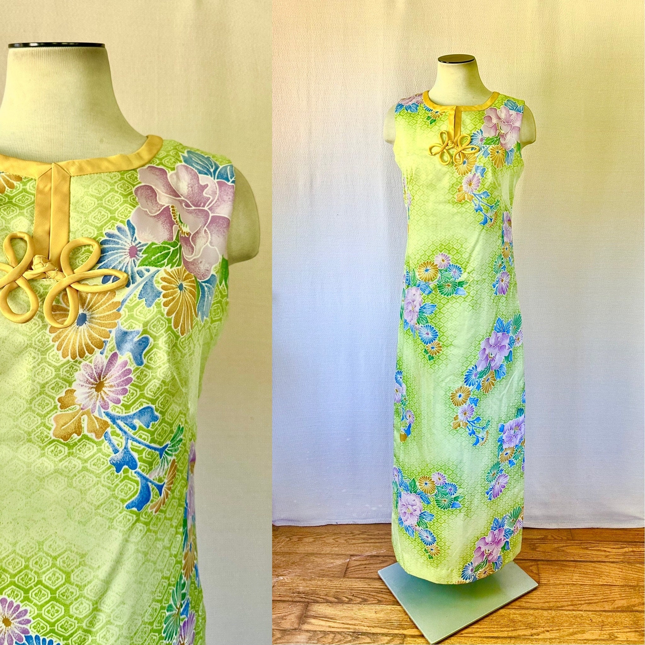 Vintage 1960s Elsie Krassas Waikiki Maxi Dress Green Purple Blue