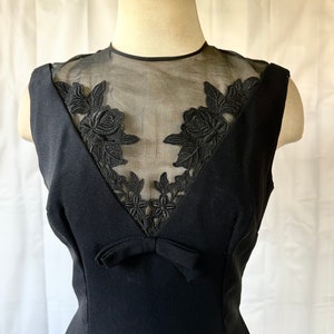 Vintage Party Dress 1950s 1960s Crepe Black Frock 36 Medium Sheer Illusion LBD Little Black Dress image 8