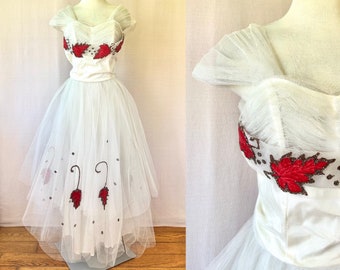 Vintage Party Dress 1940s 1950s Ivory White Tulle with Red Leaves 36 Bust Medium M Tea Length Sweetheat Neckline