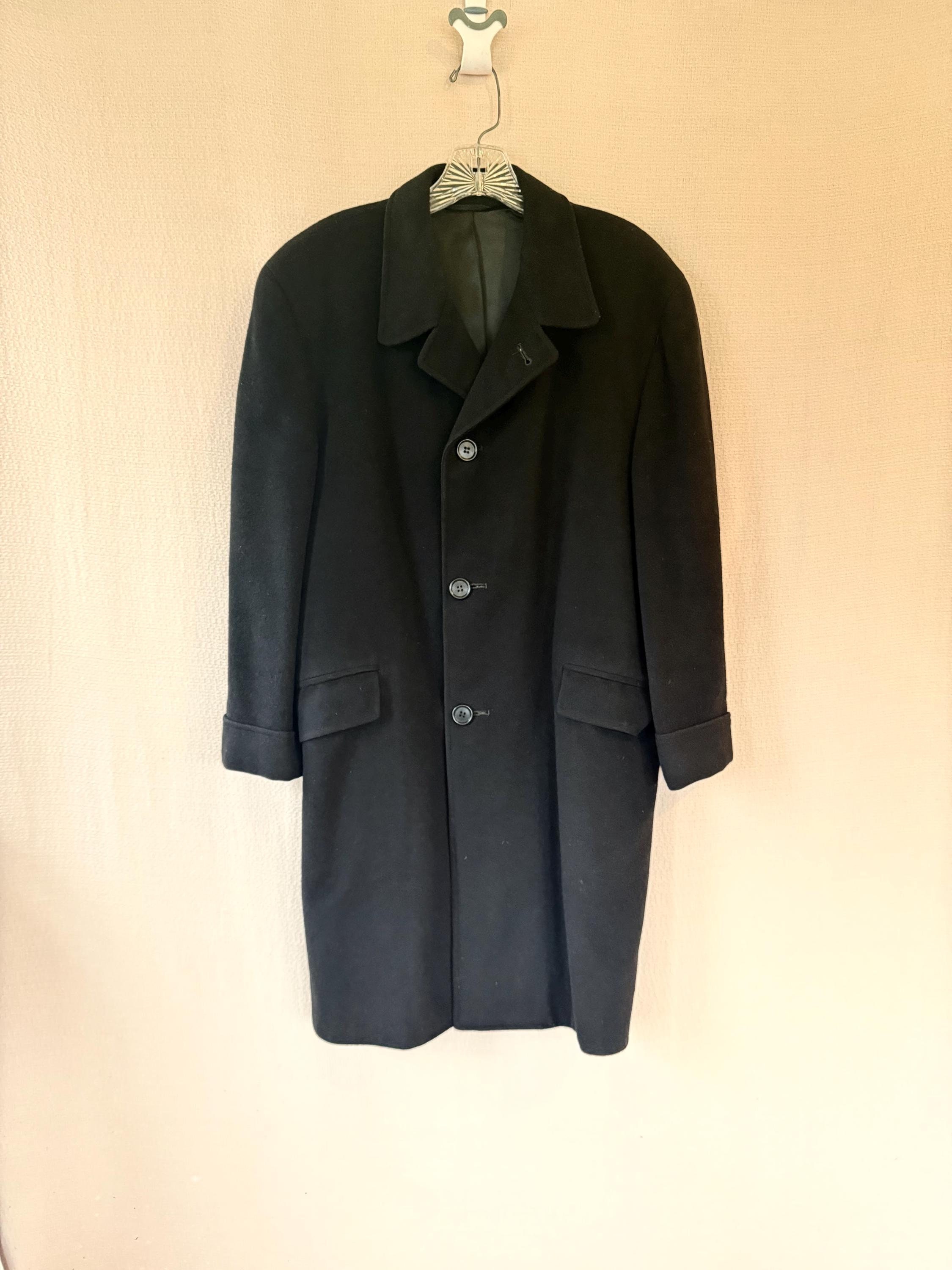 Vintage Cashmere Coat 1940s 1950s Black Topcoat 3 Button Notch