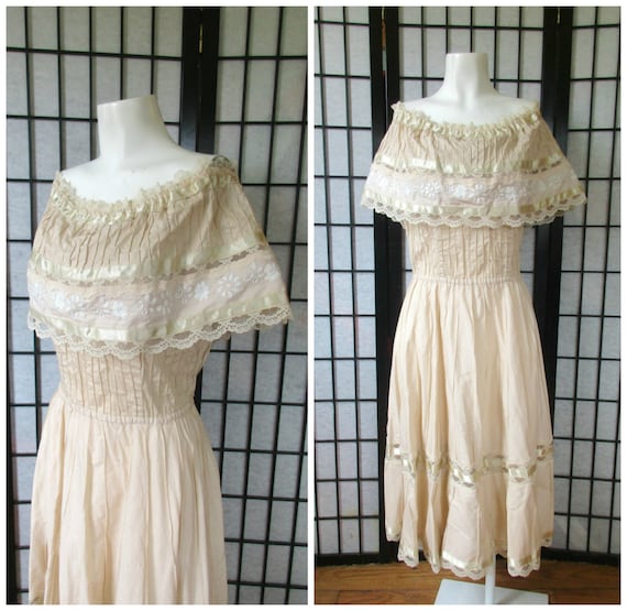 Vintage Off the Shoulder Dress 1970s Lace Sundress