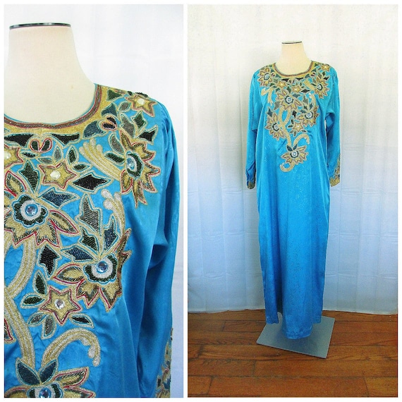 Vintage Caftan Loungewear Robe Turquoise Blue Met… - image 1