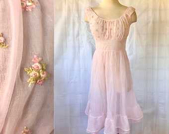 Vintage 1960s Sheer Negligee Pink with Tiny Flowers Nightgown 34 36 Bust M Medium Slip Dress