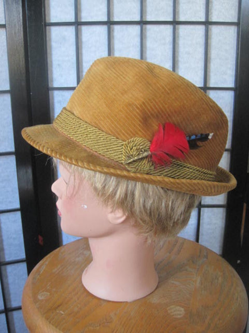 Vintage Mens Fedora Trilby by Knox Vagabond Deep Ochre Mustard Yellow Corduroy Hat 1960s 1970s with Feathers 21-12 Inches Wanderer