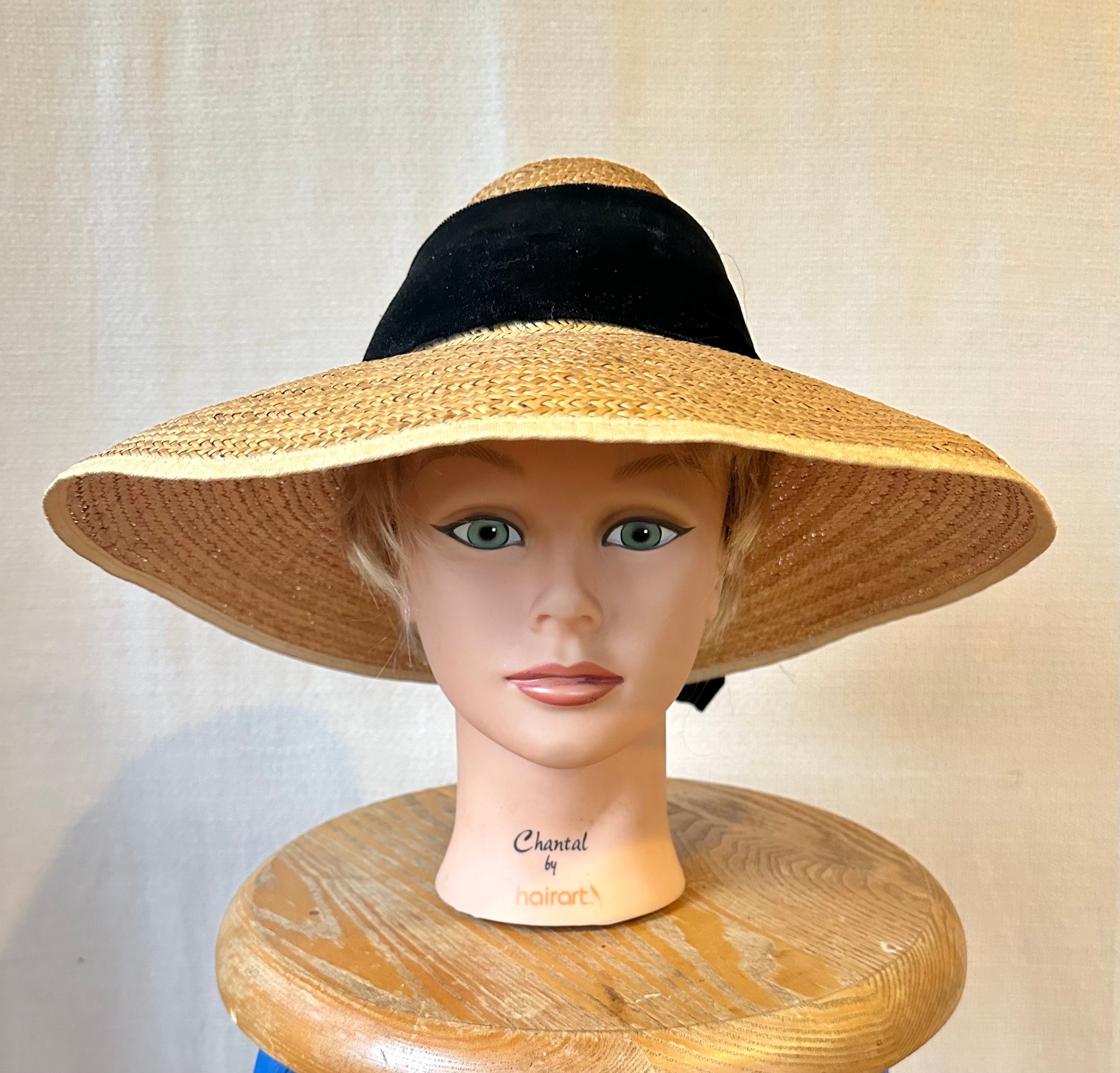 1930s/1940s wide brimmed black straw and velvet hat Lola Lanyi 1940s Straw & Black Velvet Hat – Featherstone Vintage main image 2