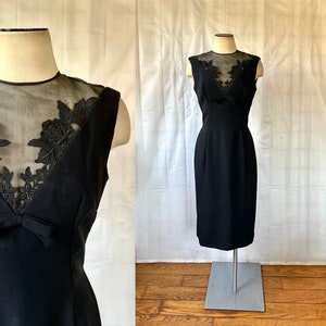 Vintage Party Dress 1950s 1960s Crepe Black Frock 36 Medium Sheer Illusion LBD Little Black Dress image 1