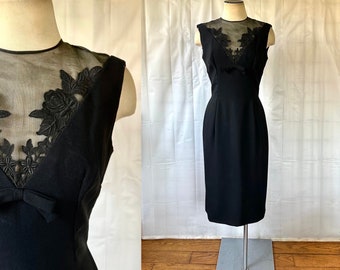 Vintage Party Dress 1950s 1960s Crepe Black Frock 36 Medium Sheer Illusion LBD Little Black Dress