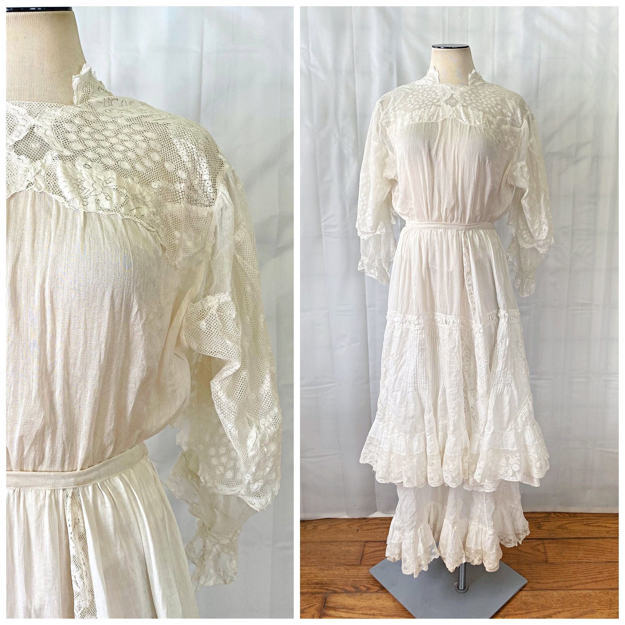 Antique Edwardian Blouse White Cotton Lace Mesh Netting Early 1900s 40 Bust L XL Extra Largethumbnail