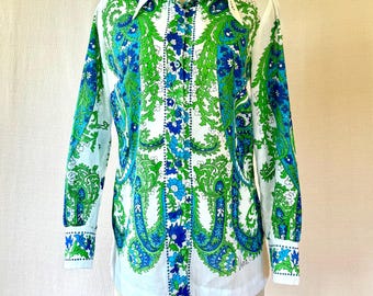 Vintage Vera 1970er Jahre Bluse Blau Grün weißes Hemd Mod Tunika Long Top Dagger Kragen 40 Büste L XL