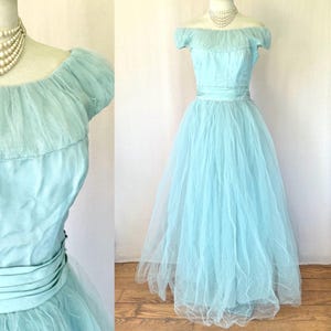 Vintage 1950s Ball Gown Tulle Party  Evening Dress 34 Bust Aqua Blue Green Formal Off the Shoulder