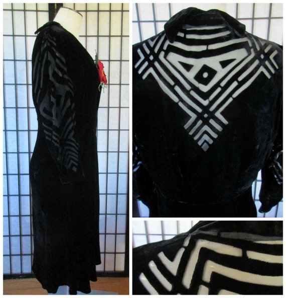 Vintage 1930s Dress Black Silk Velvet Burnout Art… - image 4