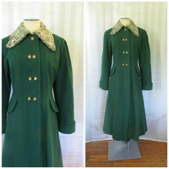 Vintage 1940s Princess Coat Green Wool with Persia