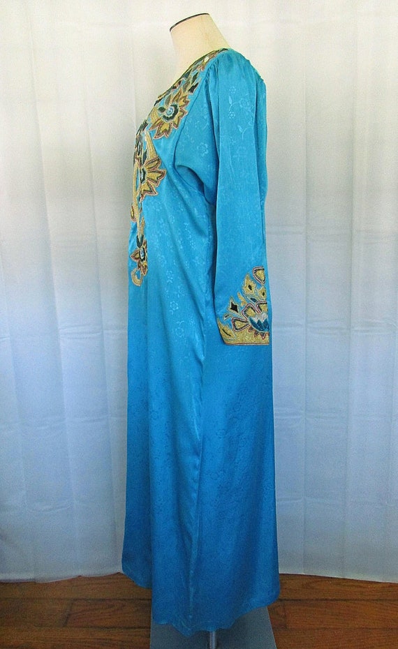 Vintage Caftan Loungewear Robe Turquoise Blue Met… - image 5