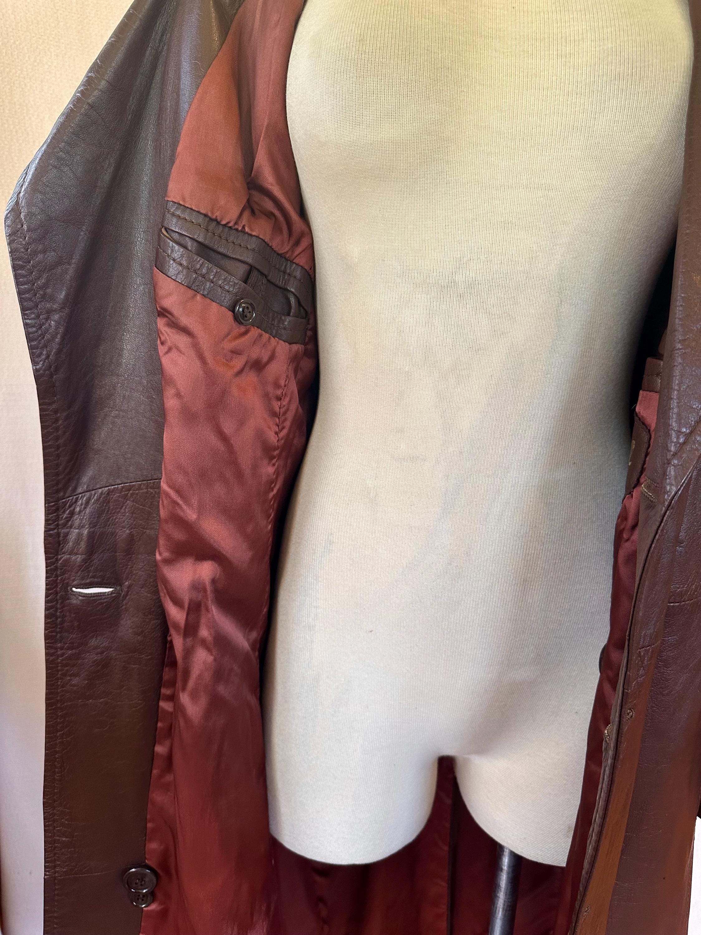 Vintage Mod Leather Trench Coat 1970s Double Breasted With