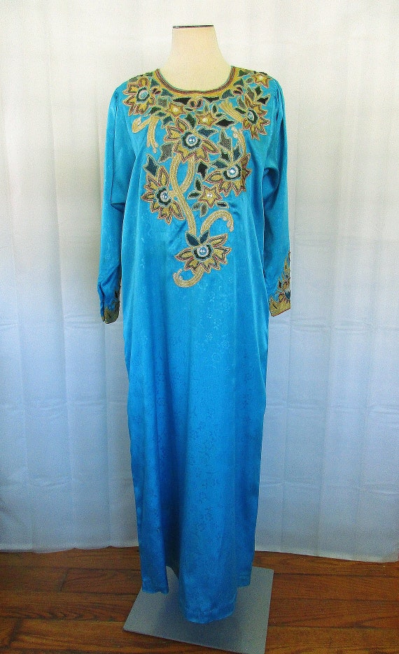 Vintage Caftan Loungewear Robe Turquoise Blue Met… - image 2