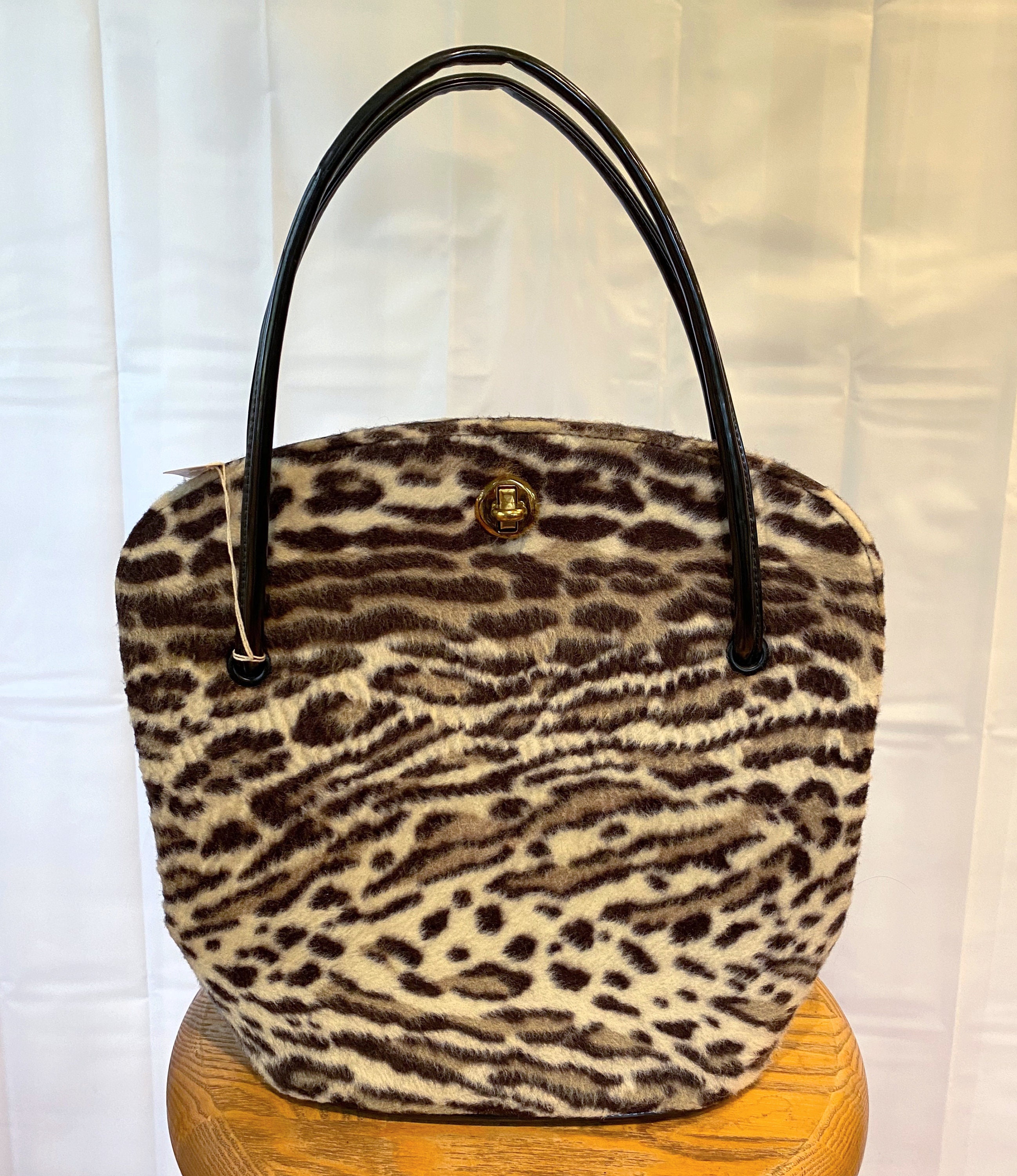 Borse e borsette Borse Borse con manici Vintage 1960s Dead Stock Purse Faux Fur Ocelot Leopard Print Handbag by Kadin Tote Style Bag Cinturini in vernice NWT NOS 