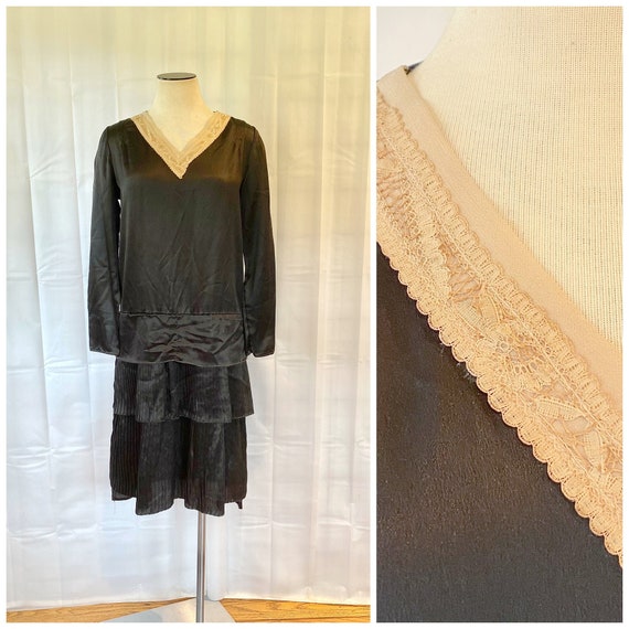 Vintage 1920s 1930s Black Silk Dress Beige Lace Art D… - Gem