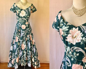 Vintage 1980s Party Dress By Loralie Original Floral Gown High Low 38 Bust Large L