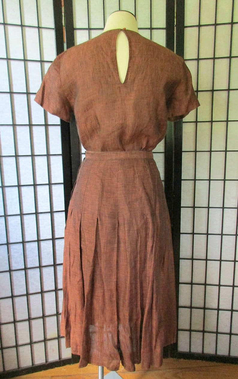 Vintage Calvin Klein 1970s 1980s Blouse Skirt 2 Piece Outfit S M 36 Bust Copper Burnt Sienna and Black Semi Sheer Linen 24 Waist image 3