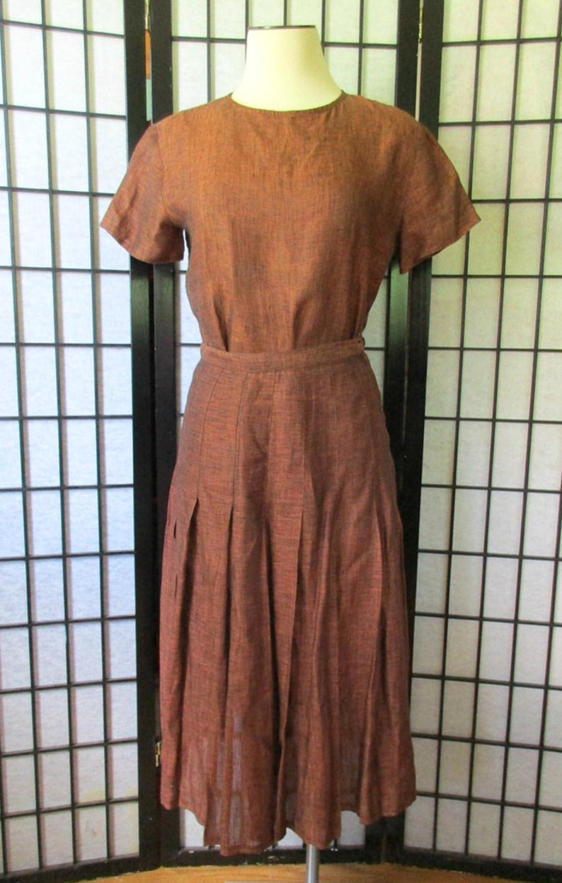 Vintage Calvin Klein 1970s 1980s Blouse Skirt 2 Piece Outfit S M 36 Bust Copper Burnt Sienna and Black Semi Sheer Linen 24 Waist image 2