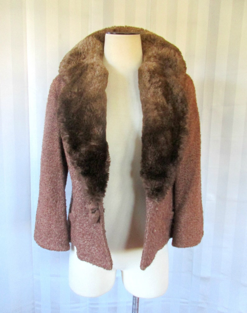 Vintage 1940s Wool Jacket with Beaver Fur Collar by Monarch Cardigan 36 38 Medium Reddish Brown 3/4 Sleeve image 7