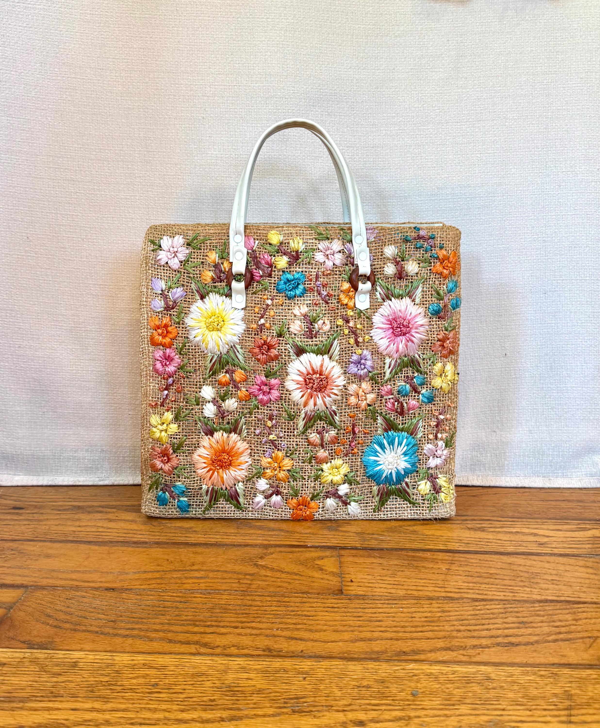 ヴィンテージ 1950年代 1960年代 ラフィア ストロー トートバッグ 刺繍 