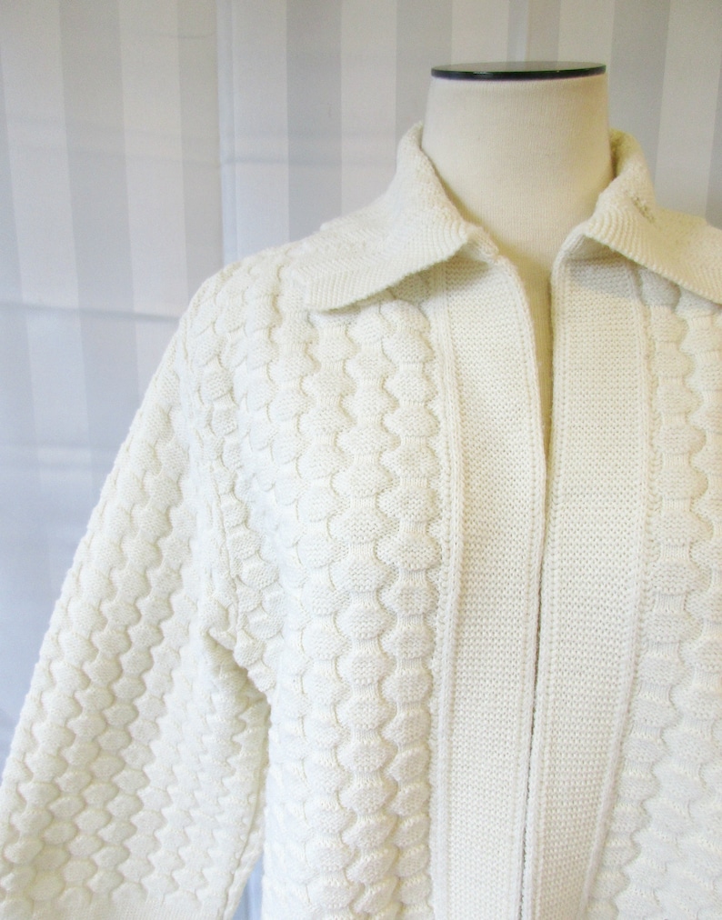 Vintage Sweater Coat By Cuddle Knit 1970s Ivory Cream 44 Large L XL Extra Large Long Knit Midi Knitted Cardigan Jacket Possibly Dead Stock