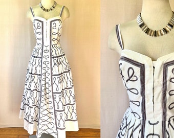 RESERVED Vintage 1950s Sun Dress Black White Gray 32 Bust Cotton with Abstract Pattern XS S Sleeveless