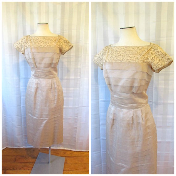 Vintage Party Dress 1950s Champagne Beige Lace Sh… - image 1